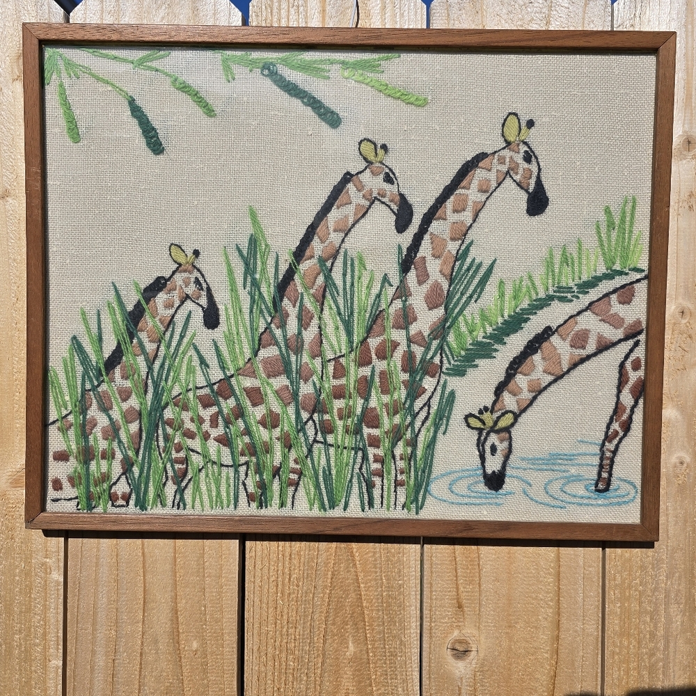 Vintage 1970's Giraffe's Waterhole Safari Scene Embroidered Wood Framed